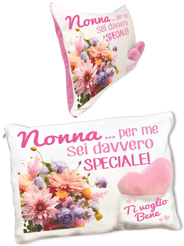 CUSCINO NONNA CON CERNIERA, TASCHINO E CUORE PELUCHE. . . ORDINE MINIMO 2 PZ.