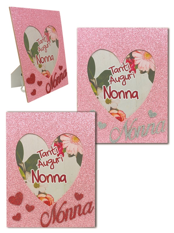 PORTAFOTO NONNA IN MDF FIBRA DI LEGNO E GLITTER cm 13x17. . . ORDINE MINIMO 2 PZ. ASSORTITI