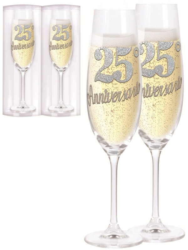 COPPIA MAXI FLUTE BRILLANTINATO 25° ANNIVERSARIO H.25 cm SCATOLA REGALO