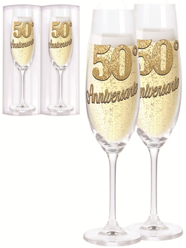 COPPIA MAXI FLUTE BRILLANTINATO 50° ANNIVERSARIO H.25 cm SCATOLA REGALO
