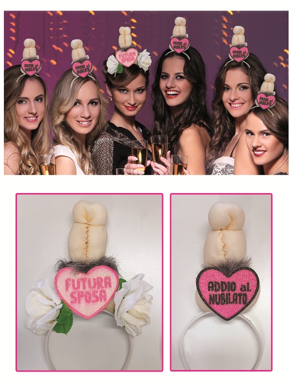 SET 6 CERCHIETTI ADDIO AL NUBILATO (1 CERCHIETTO FUTURA SPOSA CON PISELLO GRANDE,ROSE E CUORE STAMPA GLITTER + 5 CERCHIETTI AMICHE CON PISELLO GRANDE E CUORE STAMPA GLITTER)