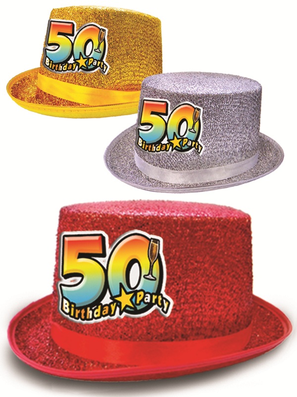 CILINDRO GLITTER "50 ANNI". . . ORDINANDO 1 PZ. COLORE CAUSALE TRA ROSSO,ORO E ARGENTO. . . ORDINANDO 3 PZ. COLORI ASSORTITI ROSSO-ORO-ARGENTO
