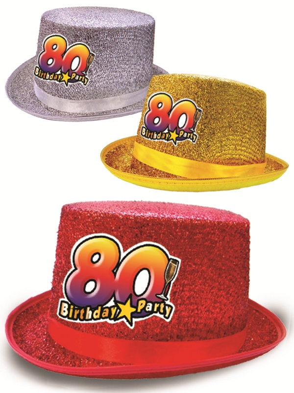CILINDRO GLITTER "80 ANNI". . . ORDINANDO 1 PZ. COLORE CAUSALE TRA ROSSO,ORO E ARGENTO. . . ORDINANDO 3 PZ. COLORI ASSORTITI ROSSO-ORO-ARGENTO